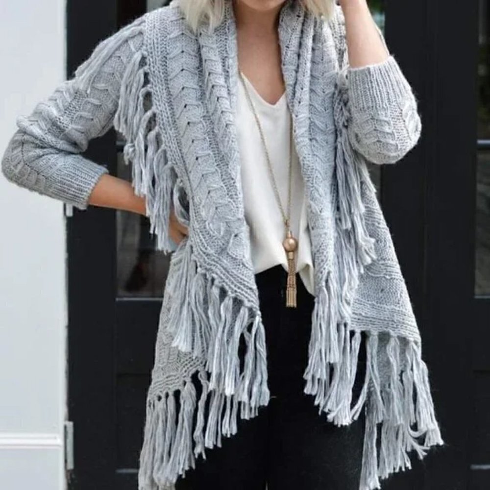 Anthropologie BB Dakota Karli Fringe Cream Long Cable Knit Wool Shawl Cardigan